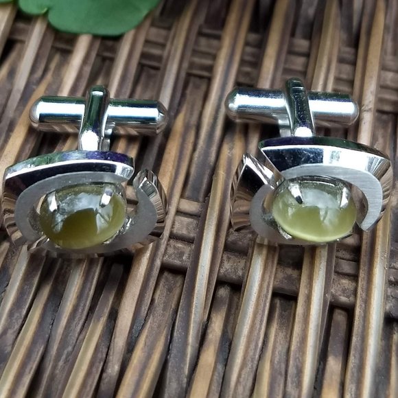 Vintage 80s silver art deco cuff links green oval stone - Picture 1 of 3